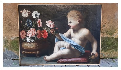 Dipinto antico "Bambino con fiori" del ’600